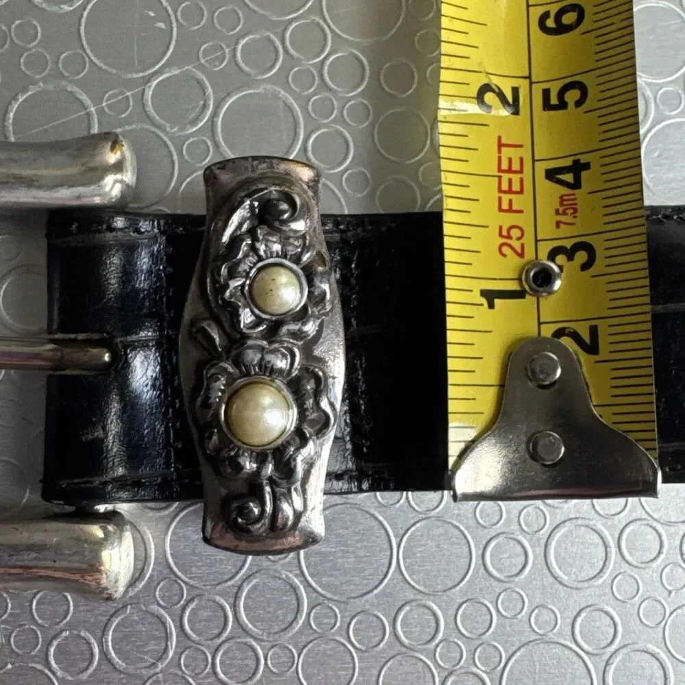 Vintage Brighton Black Croc Embossed Leather Belt S Faux Pearl Buckle 23503